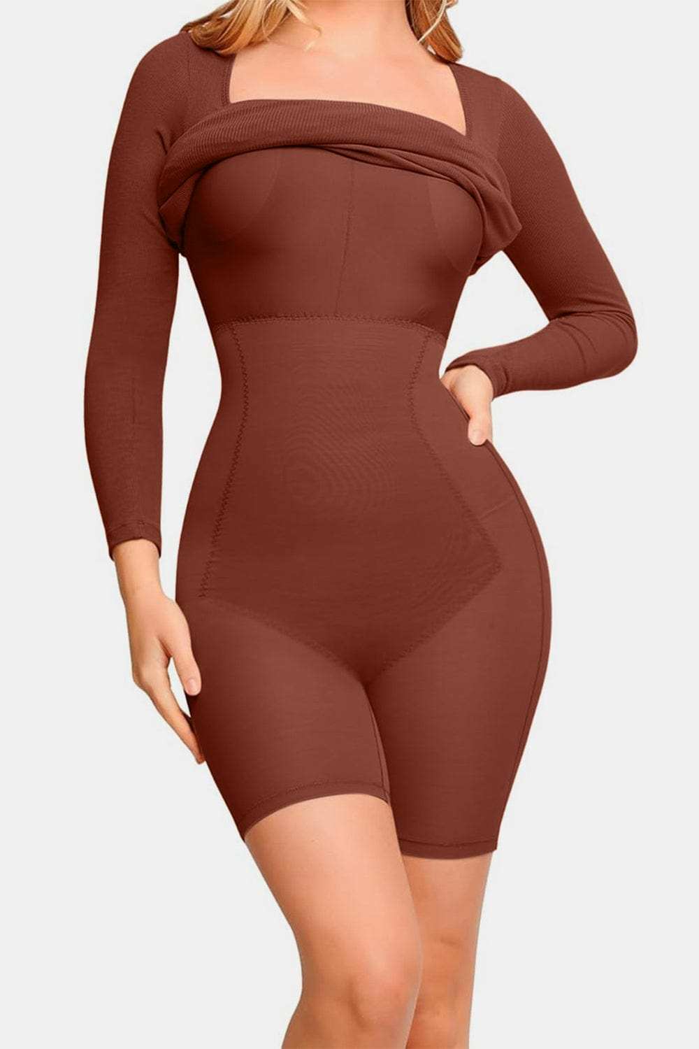 Basic Bae Full Size Built-In Shapewear Square Neck Long Sleeve Dress - Trendsi - Flyclothing LLC