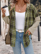 Perfee Drawstring Plaid Long Sleeve Hooded Shirt - Trendsi - Flyclothing LLC