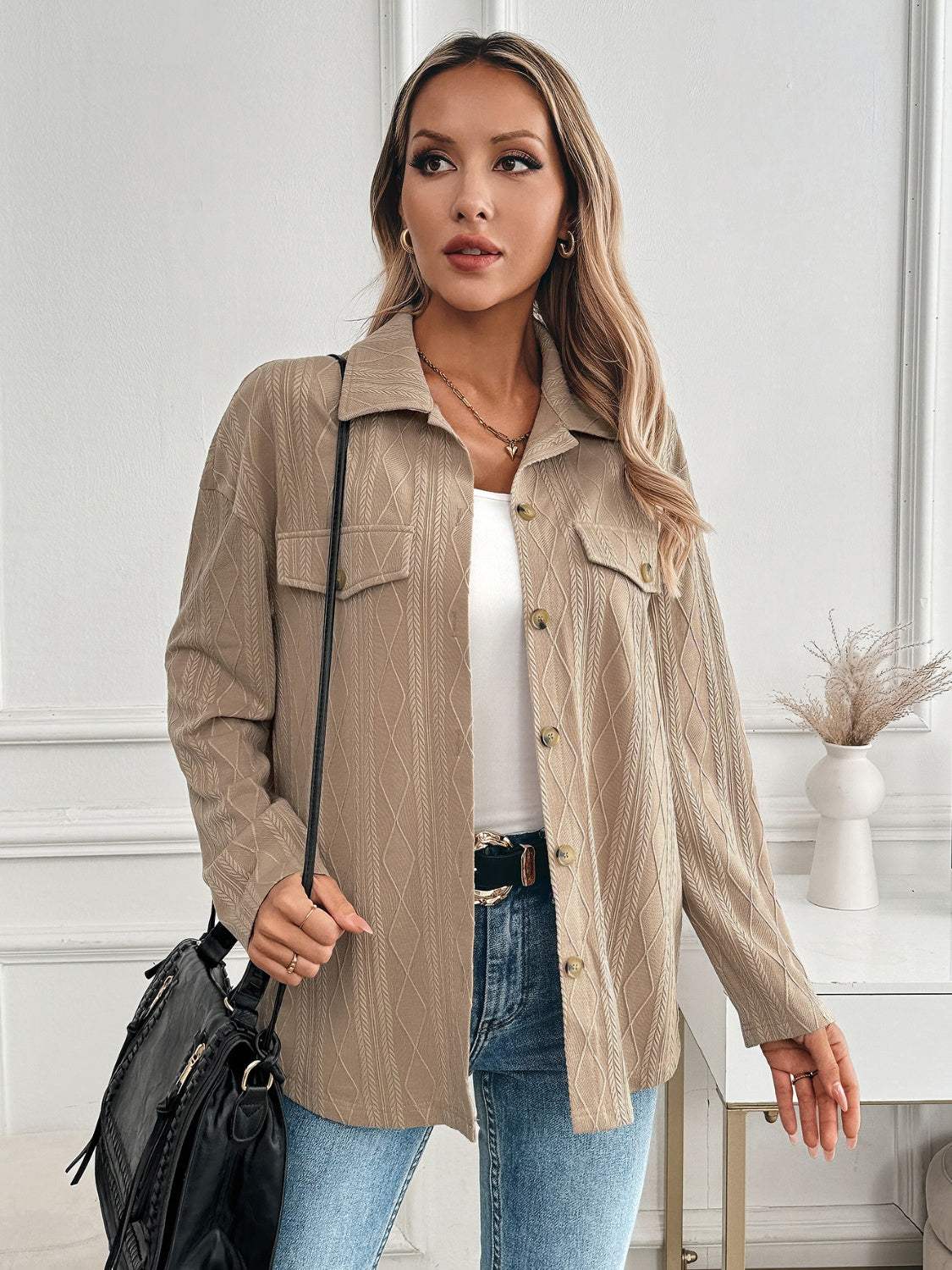 Textured Collared Neck Button Down Shacket - Trendsi - Flyclothing LLC