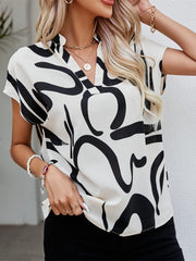 Printed Notched Short Sleeve Blouse - Trendsi