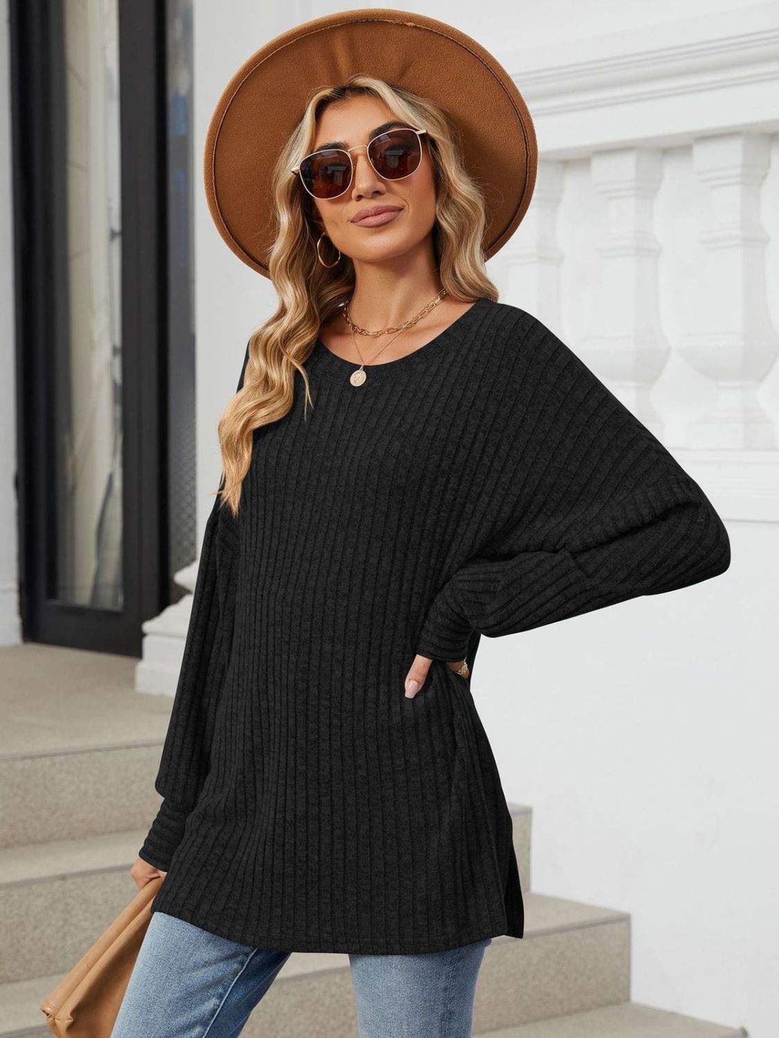 Ribbed Round Neck Long Sleeve T-Shirt - Trendsi - Flyclothing LLC