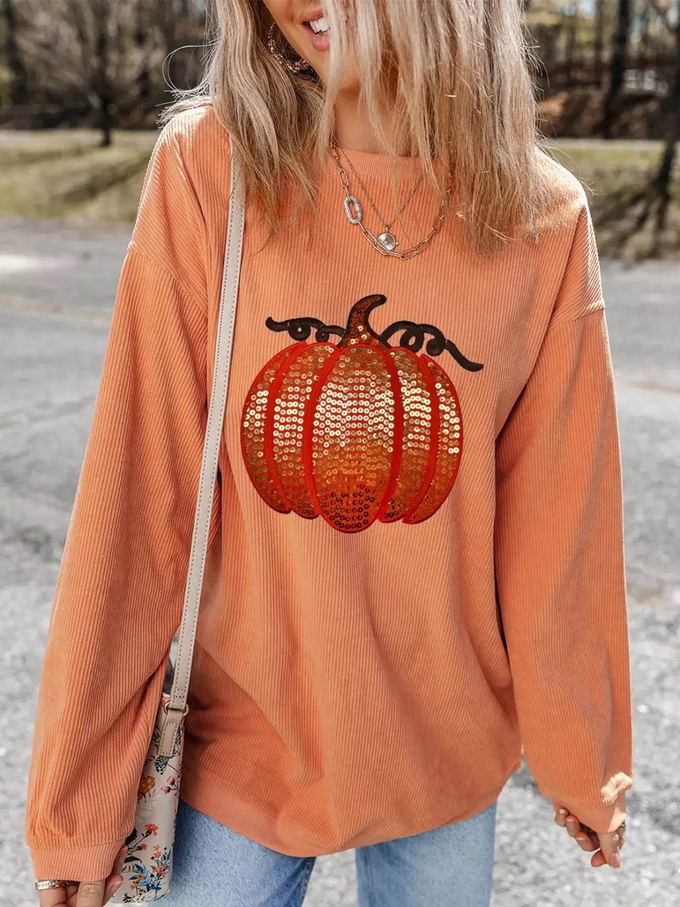 Halloween Sequined Pumpkin Ribbed Round Neck Sweatshirt - Trendsi - Flyclothing LLC