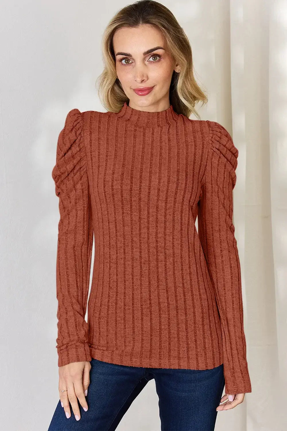Basic Bae Full Size Ribbed Mock Neck Puff Sleeve T-Shirt - ShopBasicbae - Flyclothing LLC