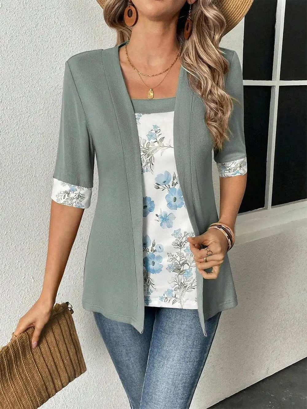 Faux Layered Printed Half Sleeve Top - Trendsi - Flyclothing LLC