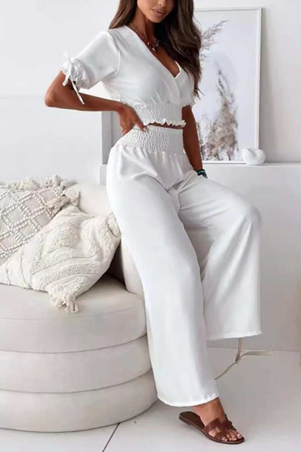 Surplice Short Sleeve Top and Pants Set - Trendsi - Flyclothing LLC
