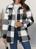 Plaid Button Up Long Sleeve Fuzzy Outerwear - Trendsi - Flyclothing LLC