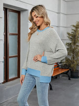 Contrast Trim Round Neck Long Sleeve T-Shirt - Trendsi - Flyclothing LLC