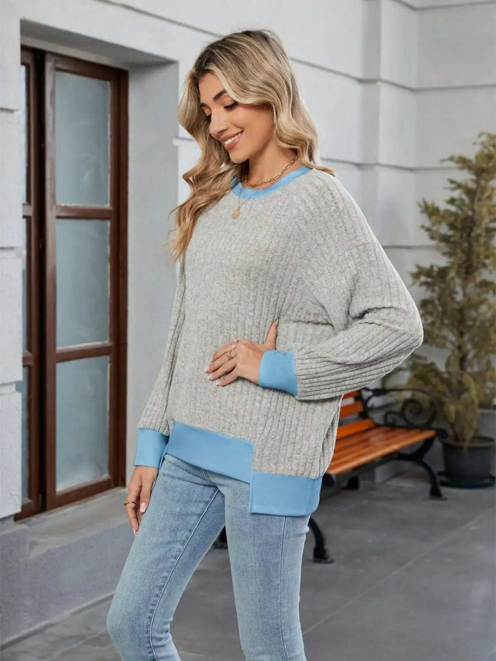 Contrast Trim Round Neck Long Sleeve T-Shirt - Trendsi - Flyclothing LLC