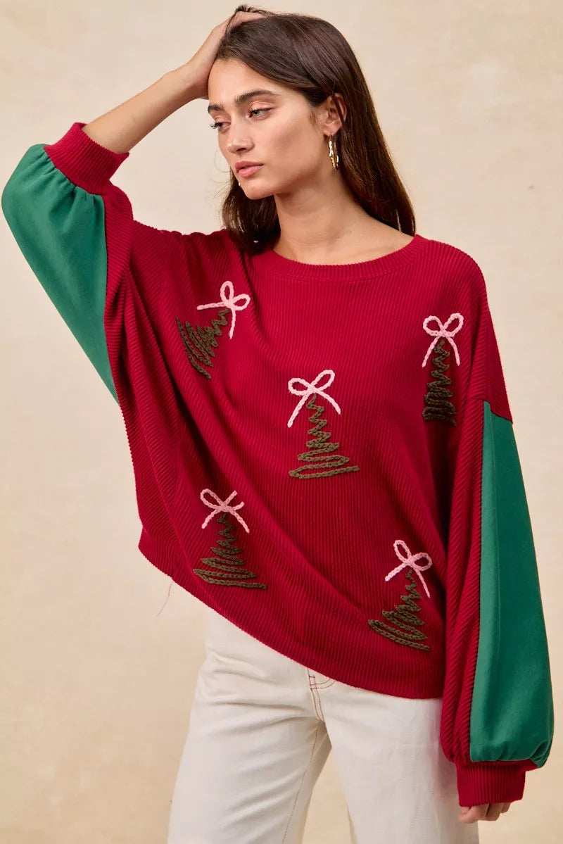 BiBi Christmas Theme Tree Embroidered Sweater - Trendsi - Flyclothing LLC