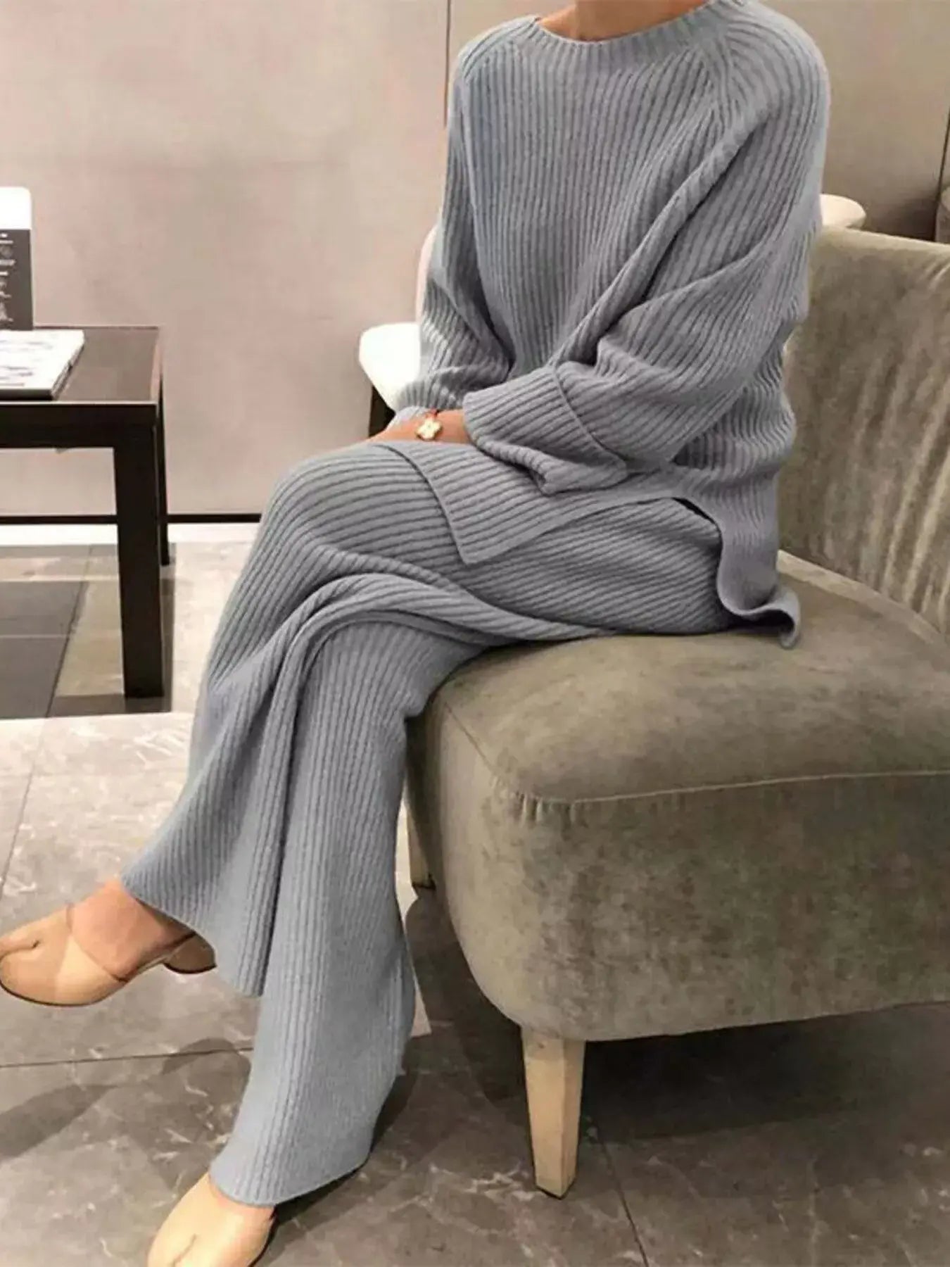Full Size Ribbed Knit Relaxed Fit Top and Pants Sweater Set Plus Size - Trendsi - Flyclothing LLC