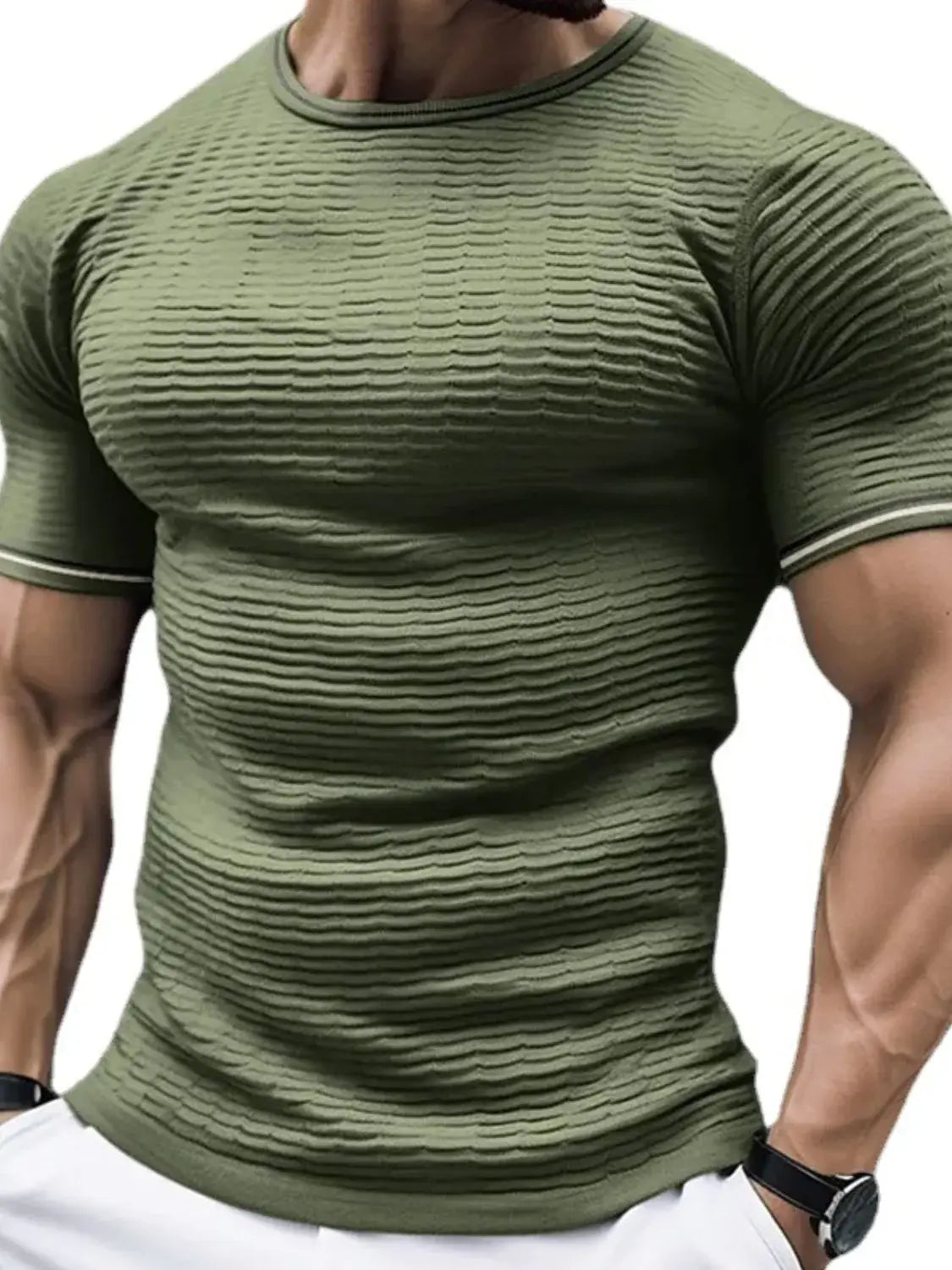 Men's Plus Size Texture Round Neck Contrast Trim T-Shirt - Trendsi - Flyclothing LLC