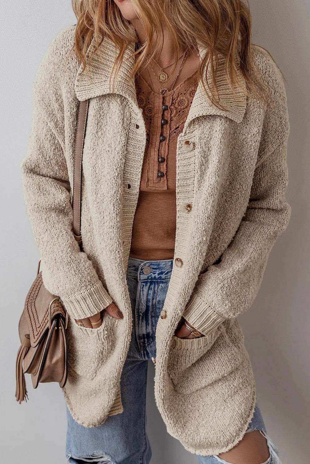 Pocketed Button Up Long Sleeve Cardigan - Trendsi - Flyclothing LLC