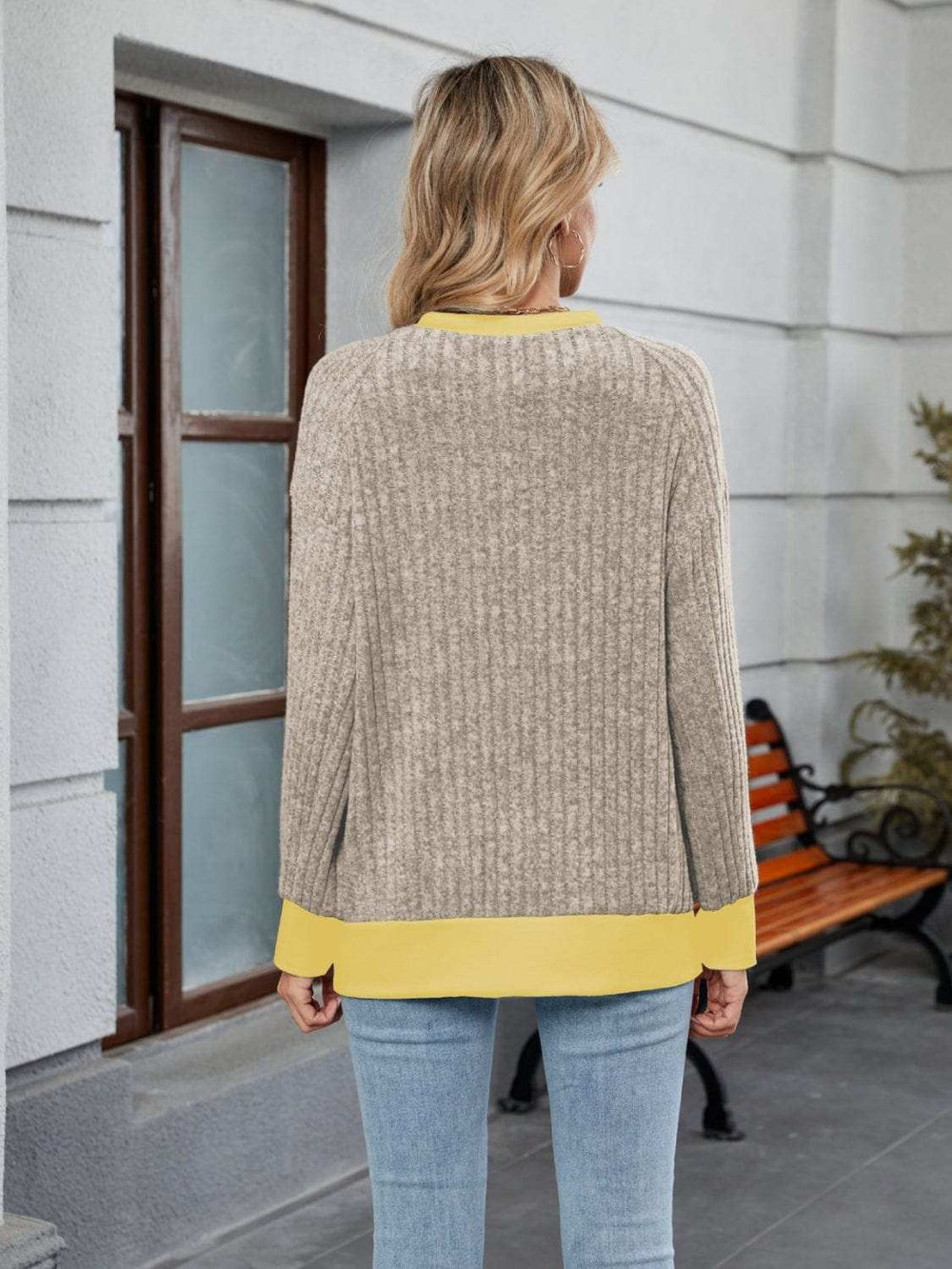 Contrast Trim Round Neck Long Sleeve T-Shirt - Trendsi - Flyclothing LLC