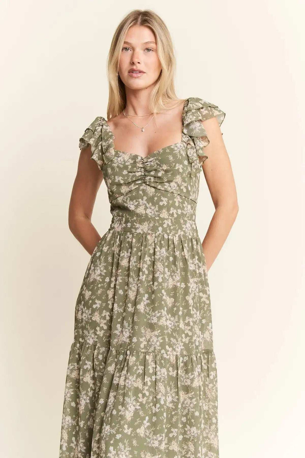 Jade By Jane Ruffle Sleeve Tiered Maxi Dress - Trendsi - Flyclothing LLC