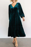 V-Neck Long Sleeve Midi Velvet Dress - Trendsi - Flyclothing LLC