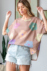 HOPELY Full Size Floral Round Neck Side Slit Waffle T-Shirt - Trendsi