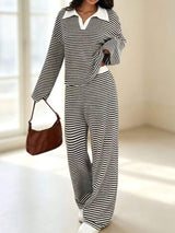 Striped Long Sleeve Polo and Wide-Leg Pants Set - Trendsi - Flyclothing LLC