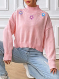 Flower Turtleneck Long Sleeve Sweater - Trendsi - Flyclothing LLC