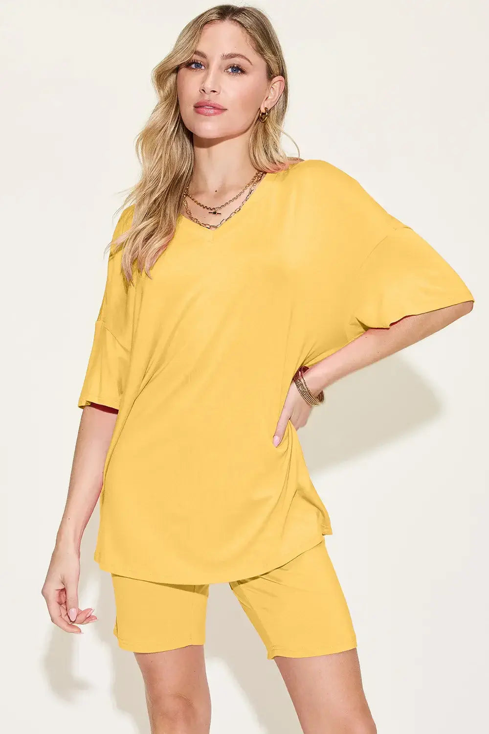 Basic Bae Bamboo Full Size V-Neck Drop Shoulder T-Shirt and Shorts Set - Trendsi - Flyclothing LLC