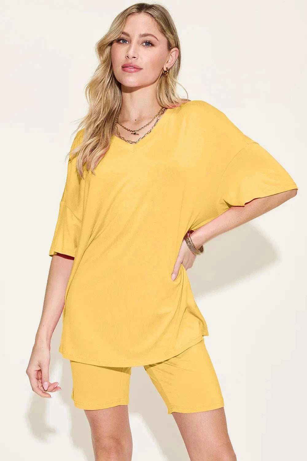 Basic Bae Bamboo Full Size  V-Neck Drop Shoulder T-Shirt and Shorts Set - Trendsi