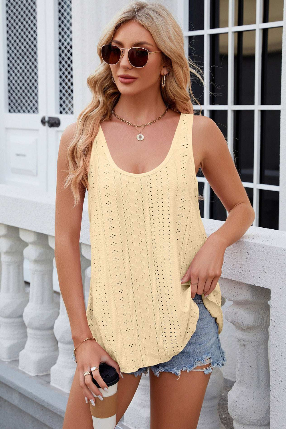 Eyelet Scoop Neck Wide Strap Tank - Trendsi - Flyclothing LLC