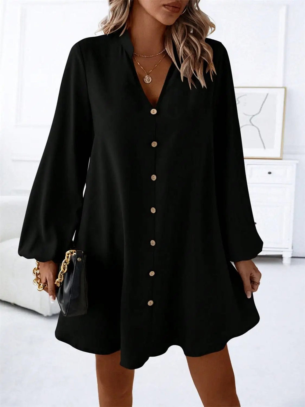 Notched Long Sleeve Mini Dress - Trendsi