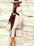 Two Tone Slit Round Neck Long Sleeve Midi Dress - Trendsi