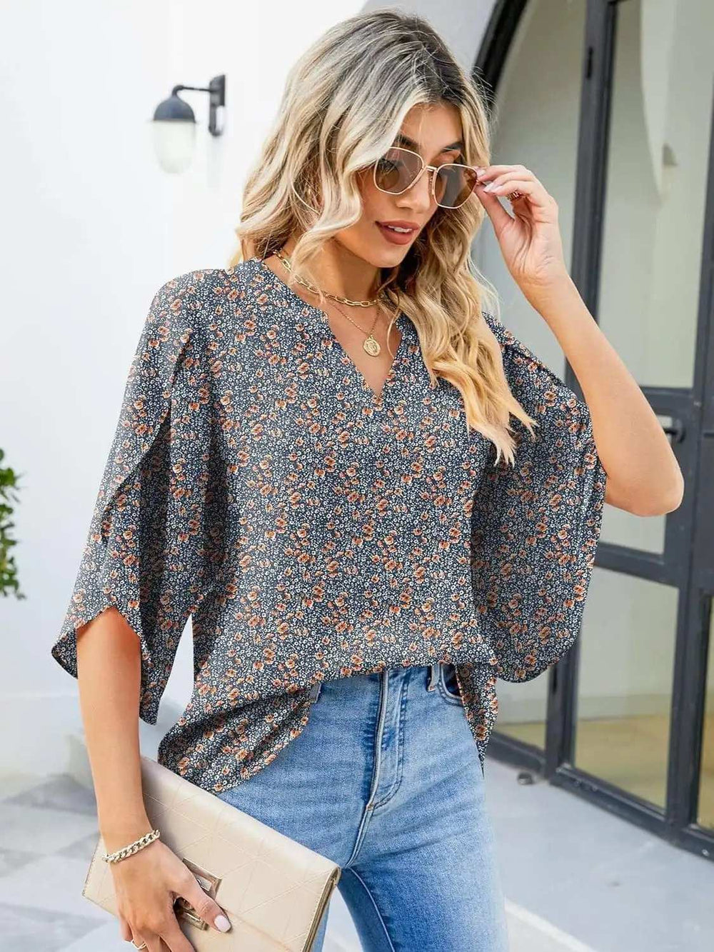 Printed Notched Half Sleeve Blouse - Trendsi - Flyclothing LLC