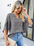 Printed Notched Half Sleeve Blouse - Trendsi