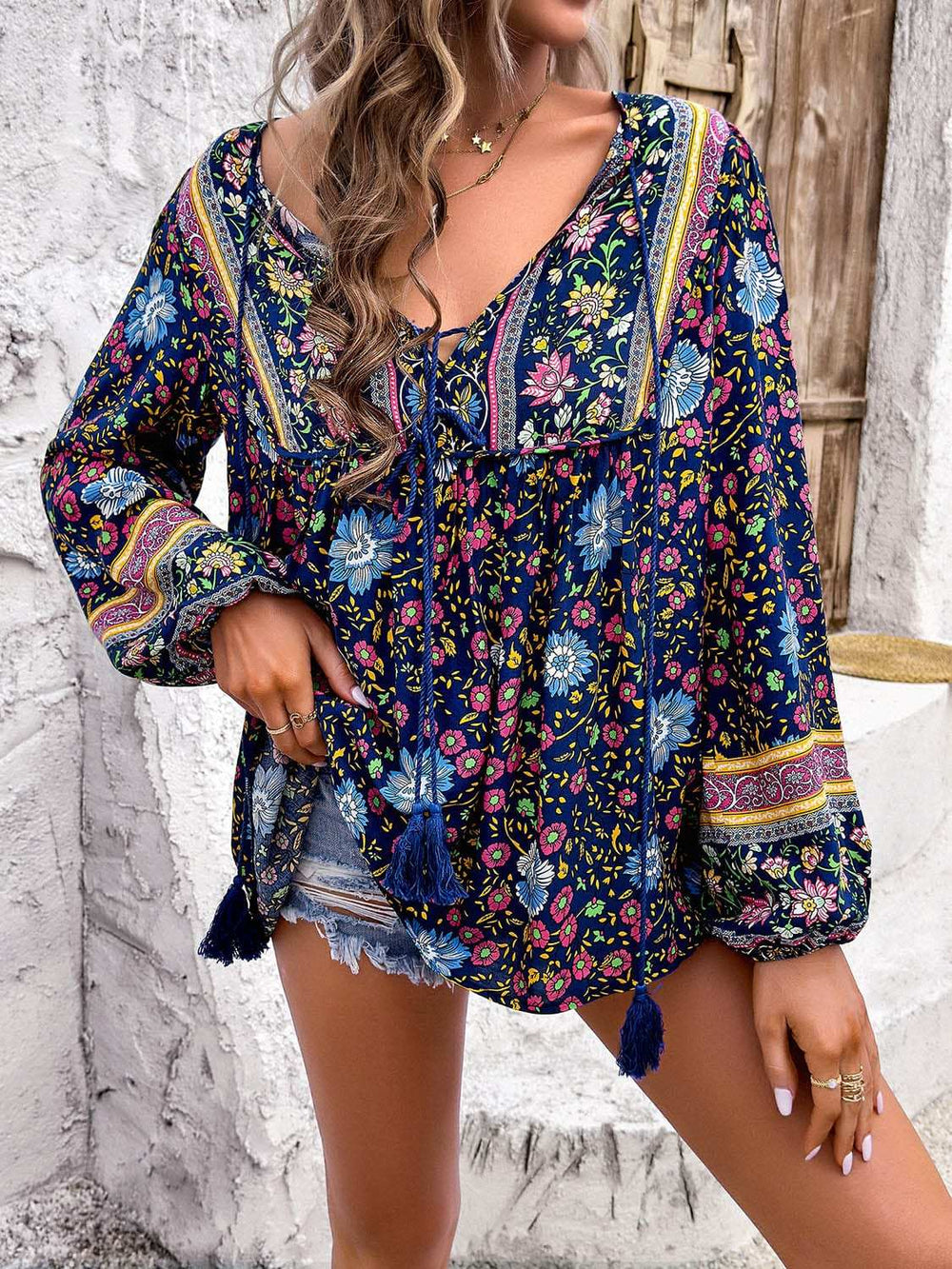 Printed Tie Neck Long Sleeve Blouse - Trendsi - Flyclothing LLC