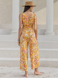 Printed V-Neck Tie Shoulder Jumpsuit - Trendsi