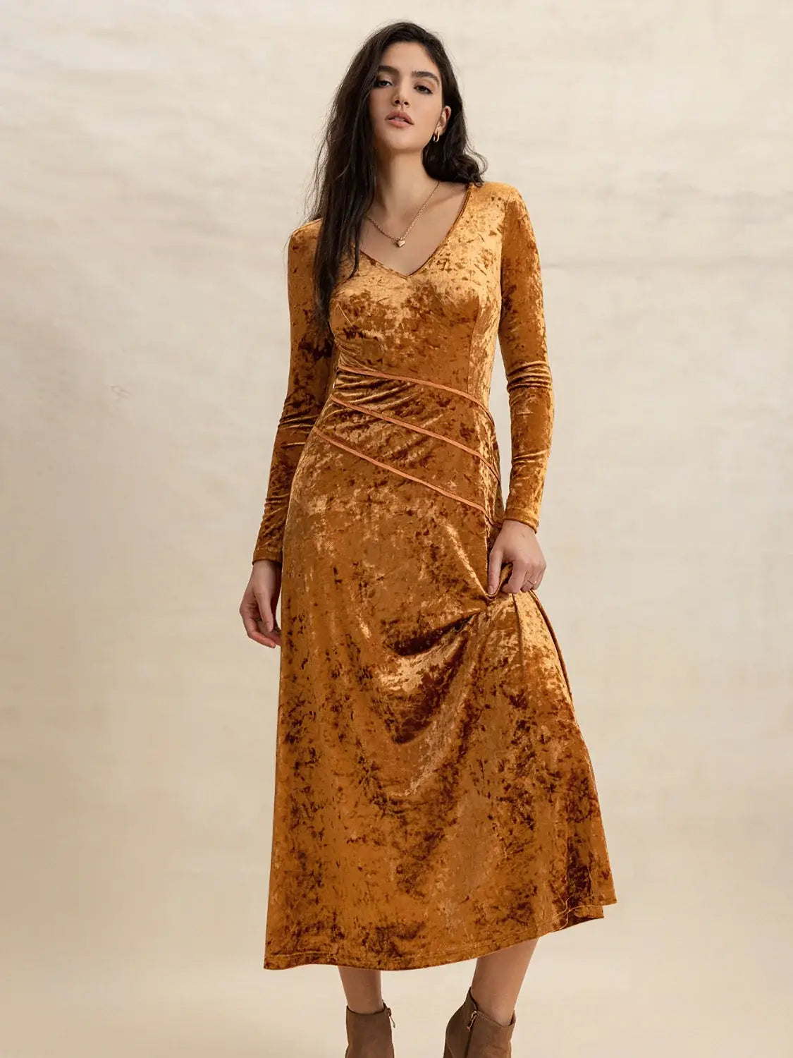 V-Neck Long Sleeve Midi Dress - Trendsi - Flyclothing LLC