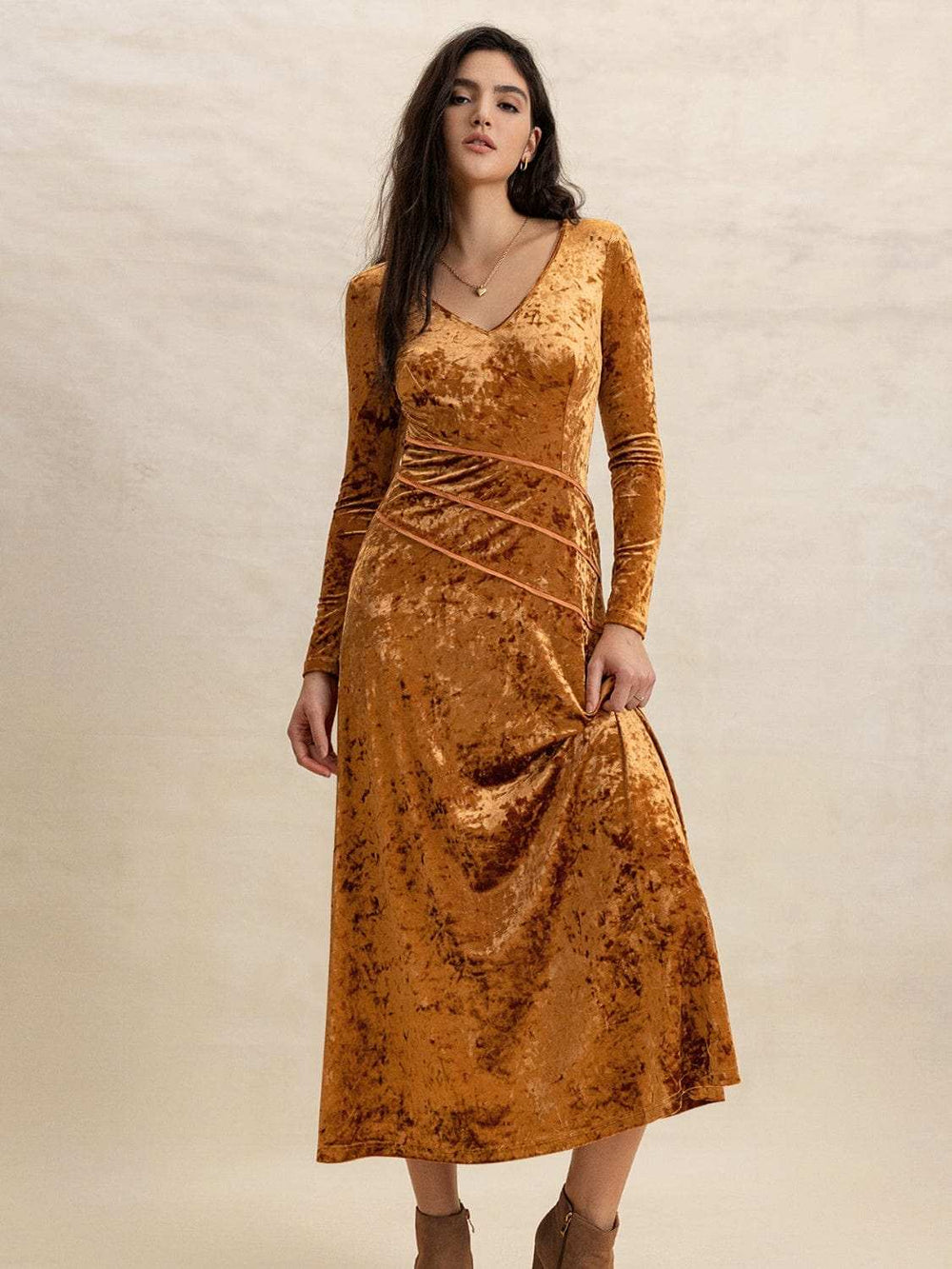 V-Neck Long Sleeve Midi Dress - Trendsi - Flyclothing LLC