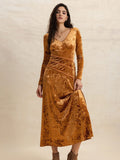 V-Neck Long Sleeve Midi Dress - Trendsi