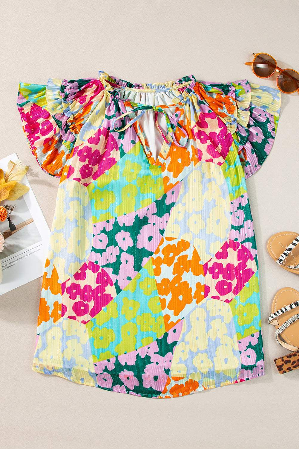 Ruffled Printed Tie Neck Cap Sleeve Blouse - Trendsi - Flyclothing LLC