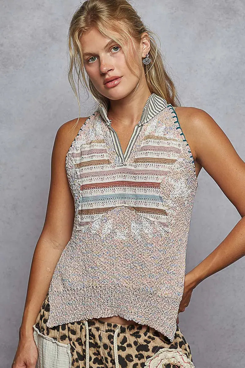 POL Striped Collar Sweater Vest with Star Patch - Trendsi - Flyclothing LLC