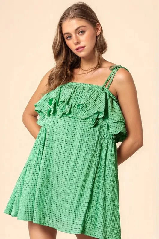 Davi & Dani Textured Jacquard Checker Fabric Ruffled Dress - Trendsi