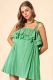 Davi & Dani Textured Jacquard Checker Fabric Ruffled Dress - Trendsi