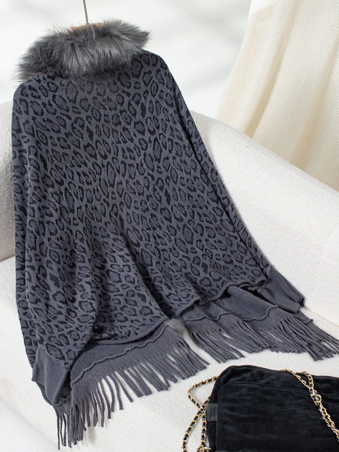 Fringe Leopard Open Front Long Sleeve Poncho - Trendsi