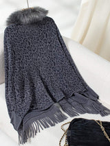 Fringe Leopard Open Front Long Sleeve Poncho - Trendsi - Flyclothing LLC