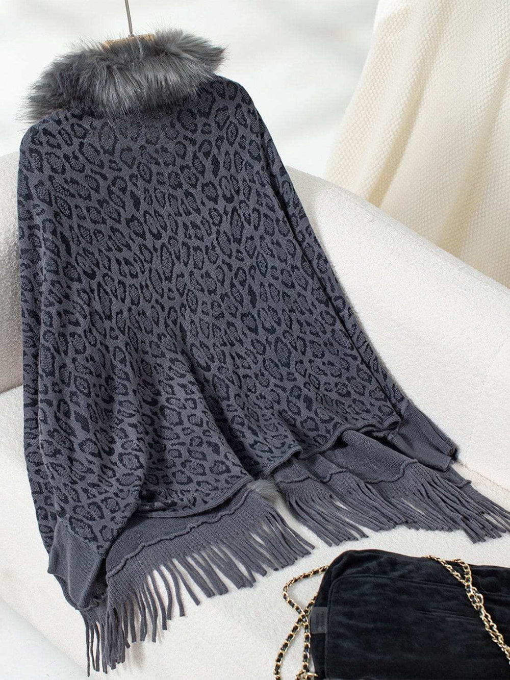 Fringe Leopard Open Front Long Sleeve Poncho - Trendsi - Flyclothing LLC