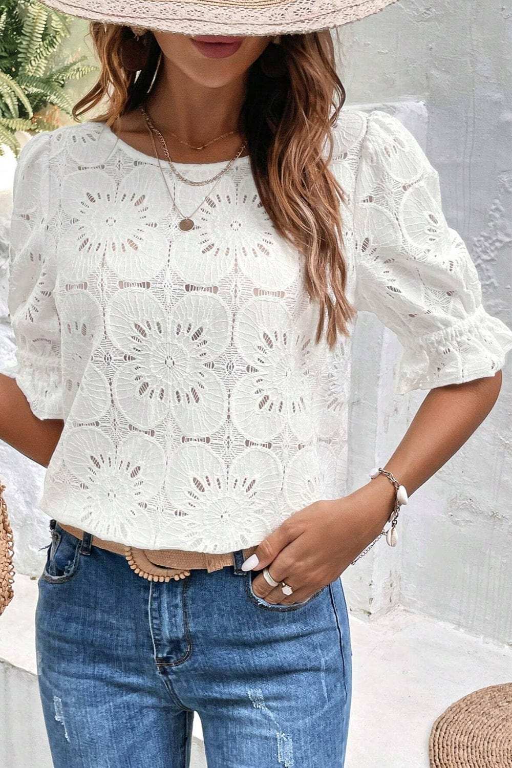 Round Neck Flounce Sleeve Blouse - Trendsi - Flyclothing LLC