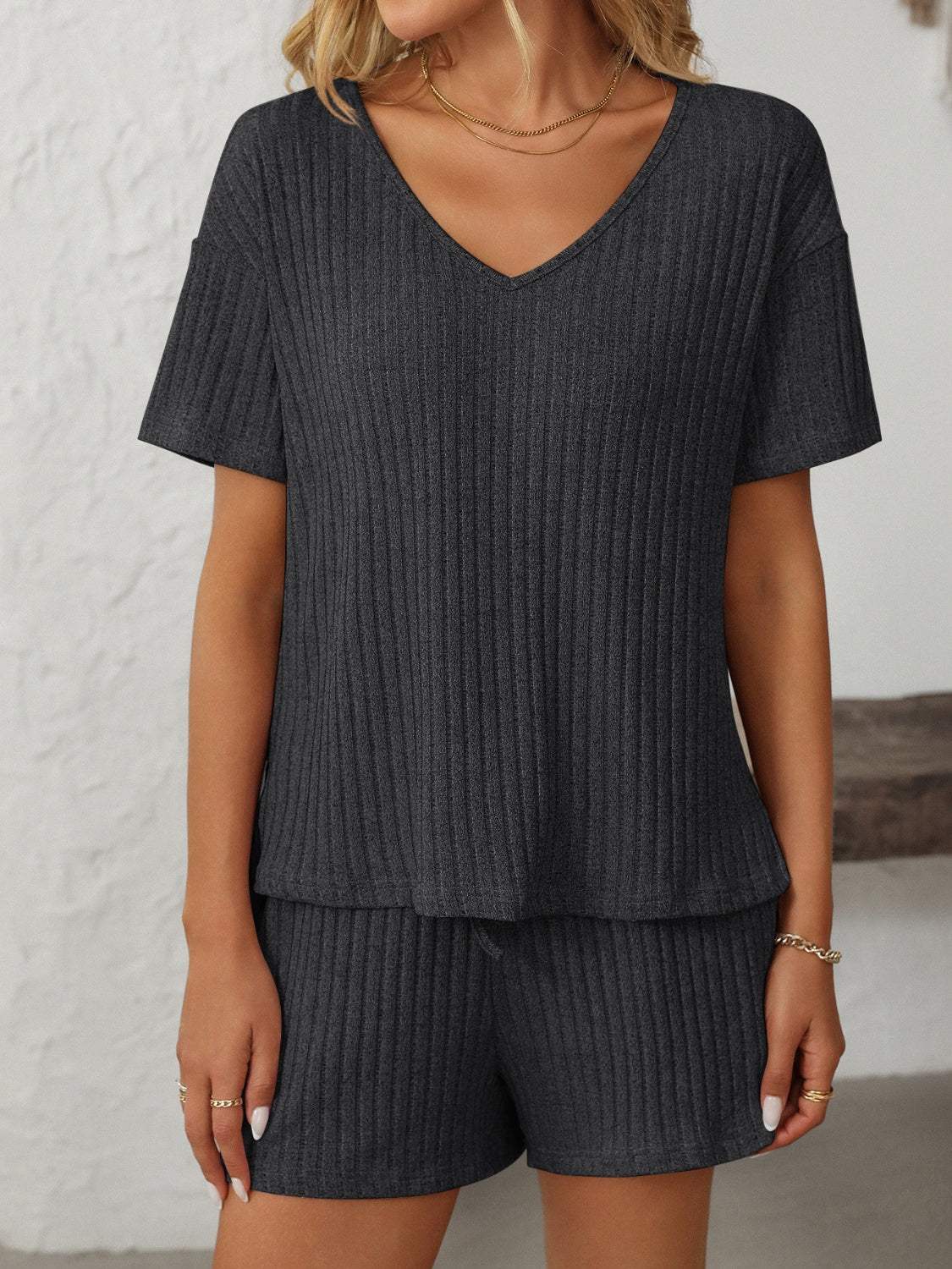 Mandy V-Neck Short Sleeve Top and Shorts Set - Trendsi - Flyclothing LLC