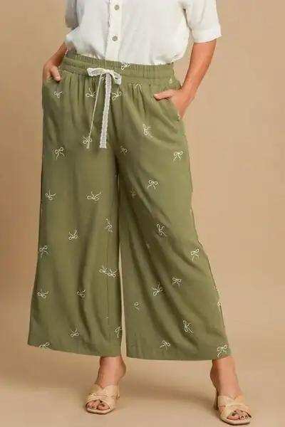 Umgee Full Size Lace Drawstring Embroidered Bow Wide Leg Pants Plus Size - Trendsi - Flyclothing LLC