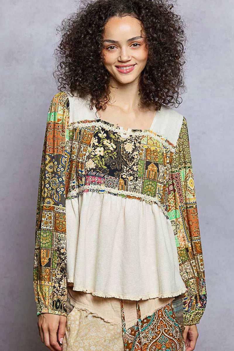 POL Balloon Sleeve Peplum Blouse with Trim Detail - Trendsi - Flyclothing LLC