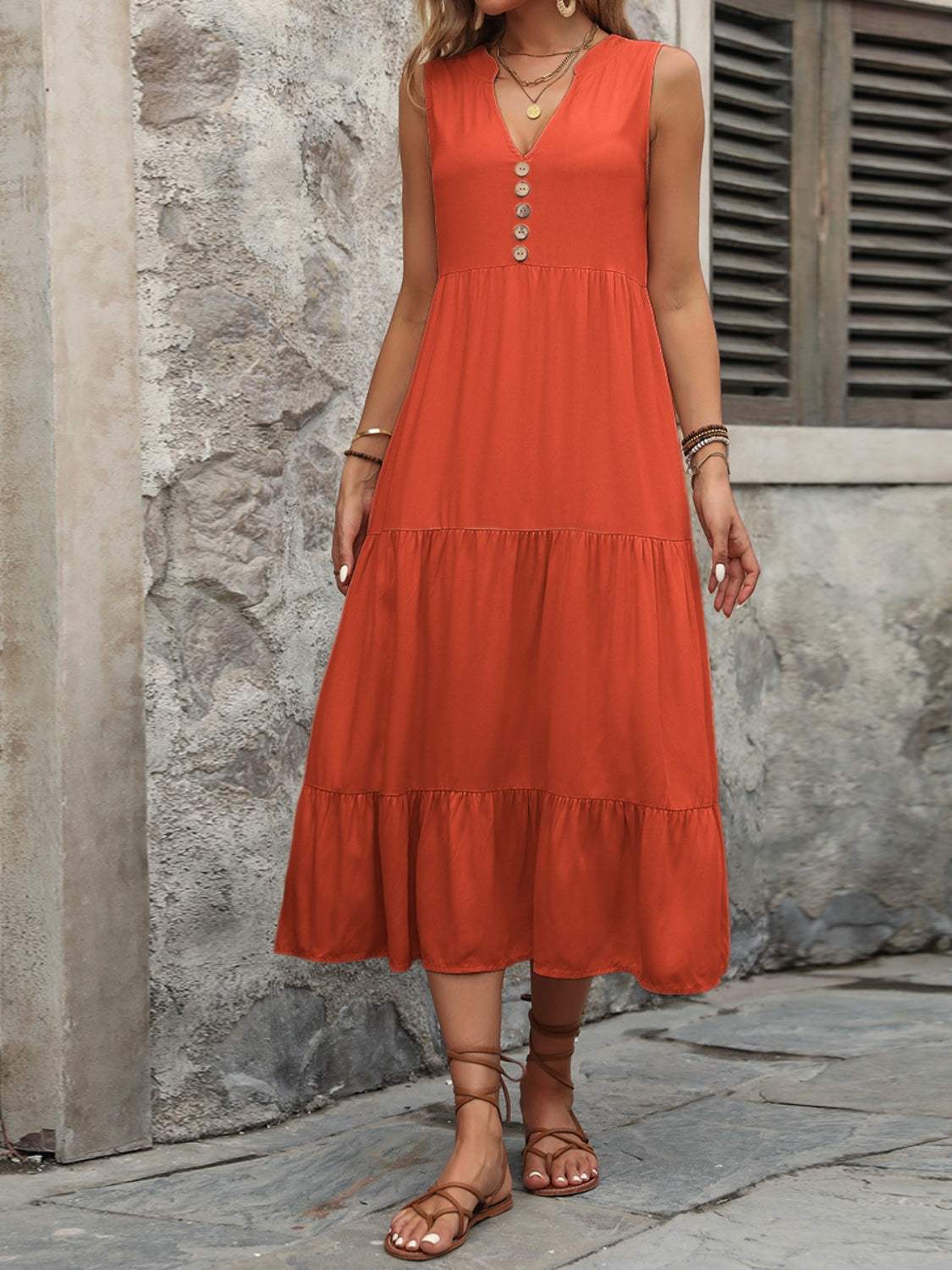 Decorative Button Notched Sleeveless Dress - Trendsi - Flyclothing LLC