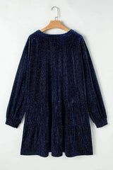 Plus Size Textured Velvet Decorative Button Long Sleeve Dress - Trendsi - Flyclothing LLC