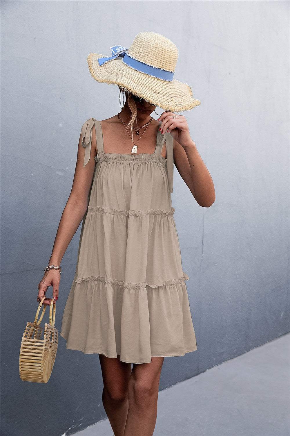 Frill Tiered Tie Shoulder Mini Cami Dress - Trendsi - Flyclothing LLC