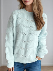 Openwork Round Neck Dropped Shoulder Sweater - Trendsi