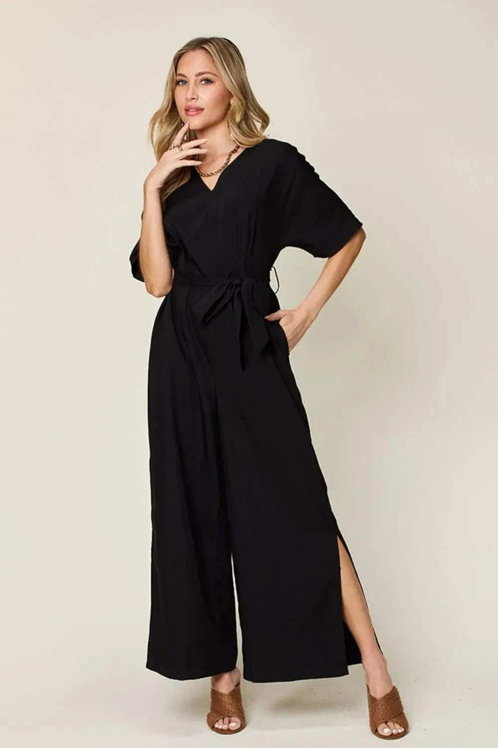 Double Take Full Size V-Neck Tied Side Slit Jumpsuit - Trendsi - Flyclothing LLC